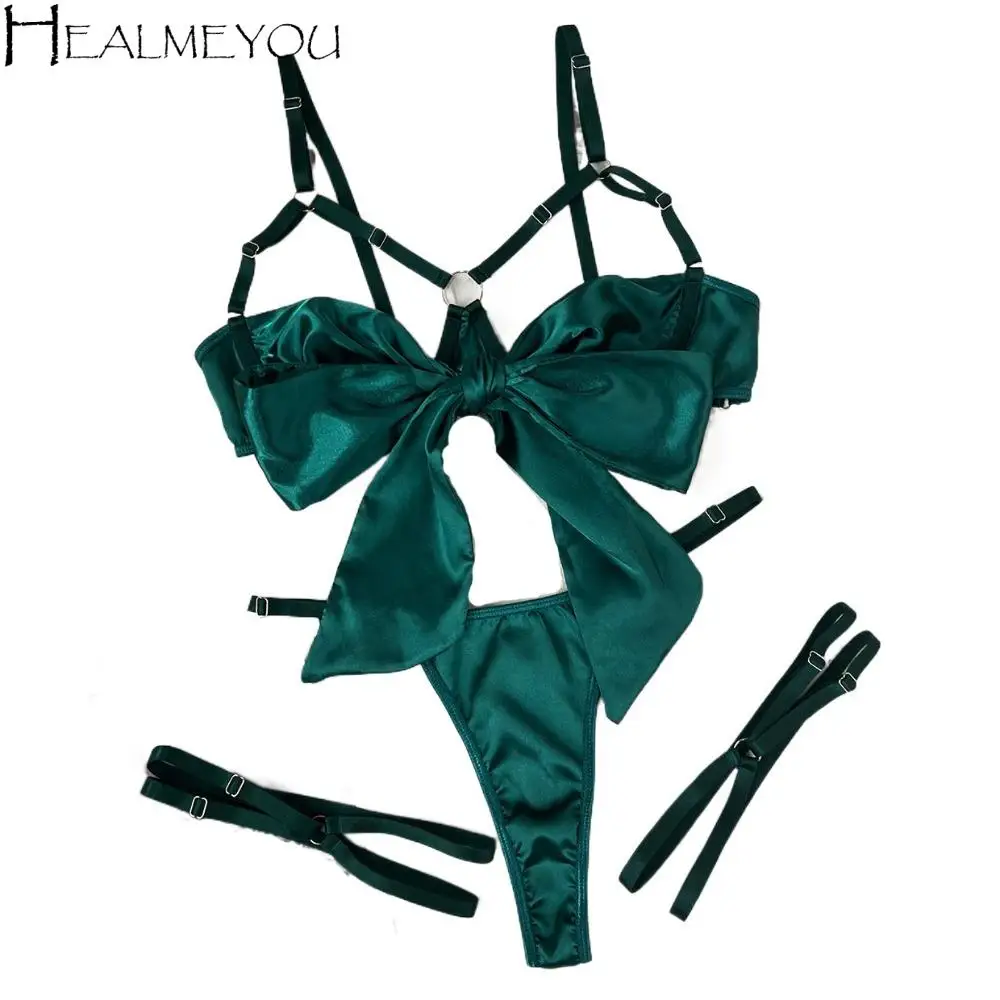 

Comfortable Bow Underwear Three Piece Set Hollow Out Women Lingerie Satin Silk Bra Suit Sweet Ruffle Women Lingerie Set Women