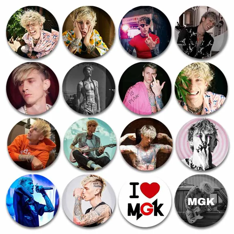 I Love MGK Pins Rapper Singer Machine Gun Kelly Badge Tinplate Round Snap-in Brooch for Backpack Hat Shirt Fans Collectible Gift