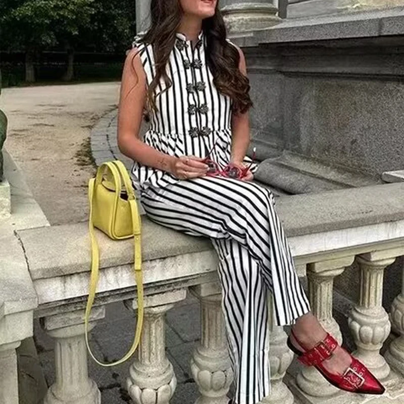

2025 Casual High Waist Long Pants Two Piece Set Women Summer High Street Outfits Fashion Stripe Single Breasted Top & Pants Suit