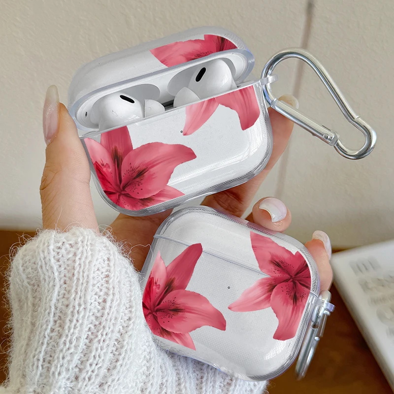 Red Lily Flower Pattern Shockproof Headphone Case for Airpods Pro2/Pro3/Pro, Airpods 1/2/3/4 Clear Earphone Cover with Carabiner