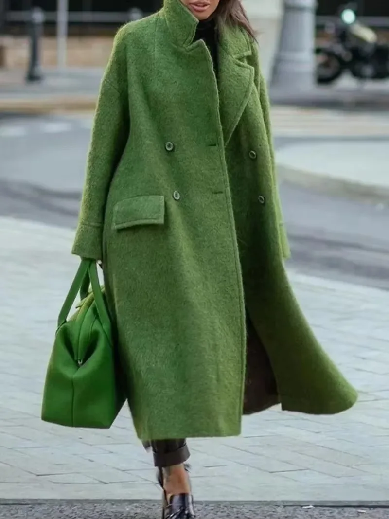 Autumn Winter Long Woolen Coat 2023 Ladies New Solid Color Temperament Commuter Beltless Lapel Loose-fitting Green Woolen Coat