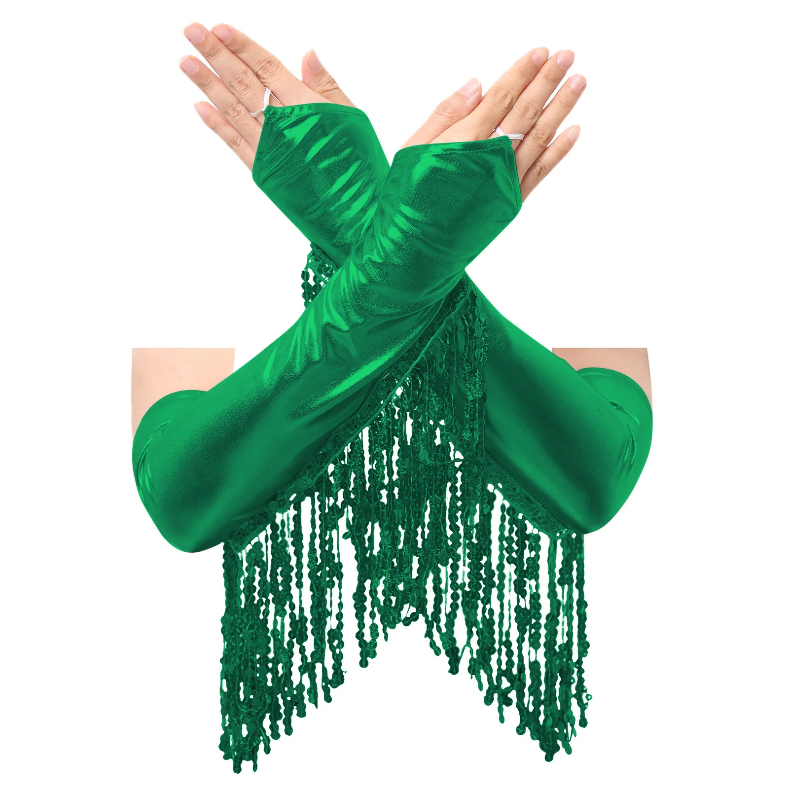 Gants de fête brillants pour femmes, longueur coude, longs pompons, paillettes métalliques, mitaines sans doigts, accessoires de Performance sur scène