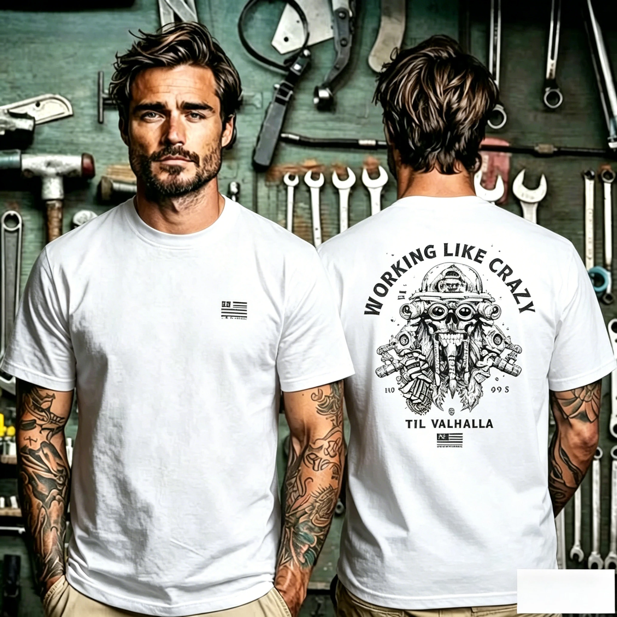 Vintage Industrial Art T Shirt, Working Like Crazy Arch Slogan with Multi‑goggle Mechanical Skull and Til Valhalla Letter Back