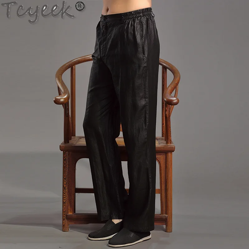 Tcyeek 100% Mulberry Real Silk Long Pants Men Spring Summer Mens Pants Casual Straight Trousers for Men 2024 Pantalones Casuales