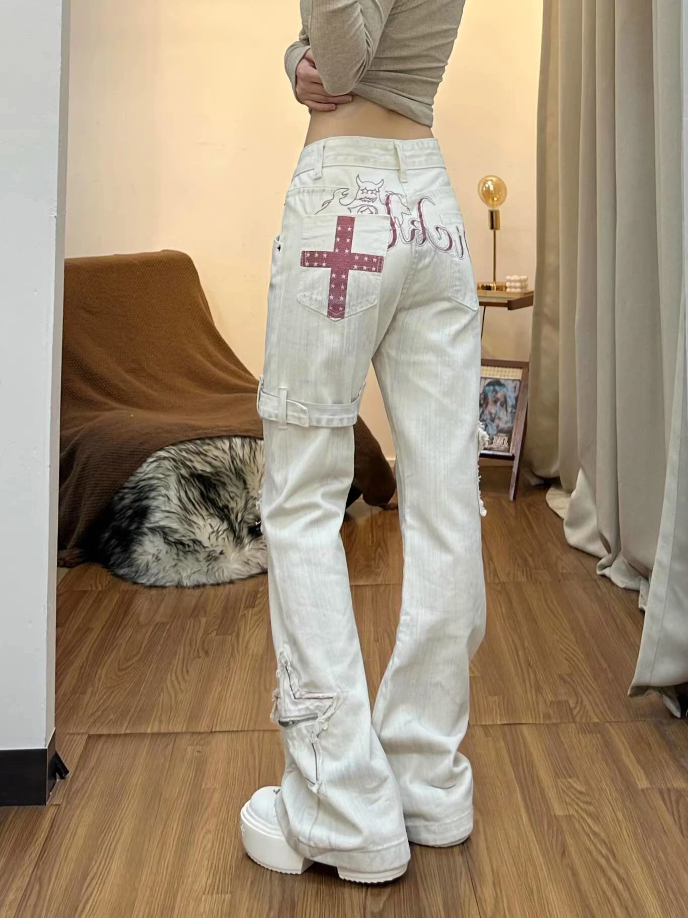 

Cross Star Embroidered Slim Fit Bell Bot Denim Jeans ex Subculture Faion American Vibe Casual Straight Leg Jeans