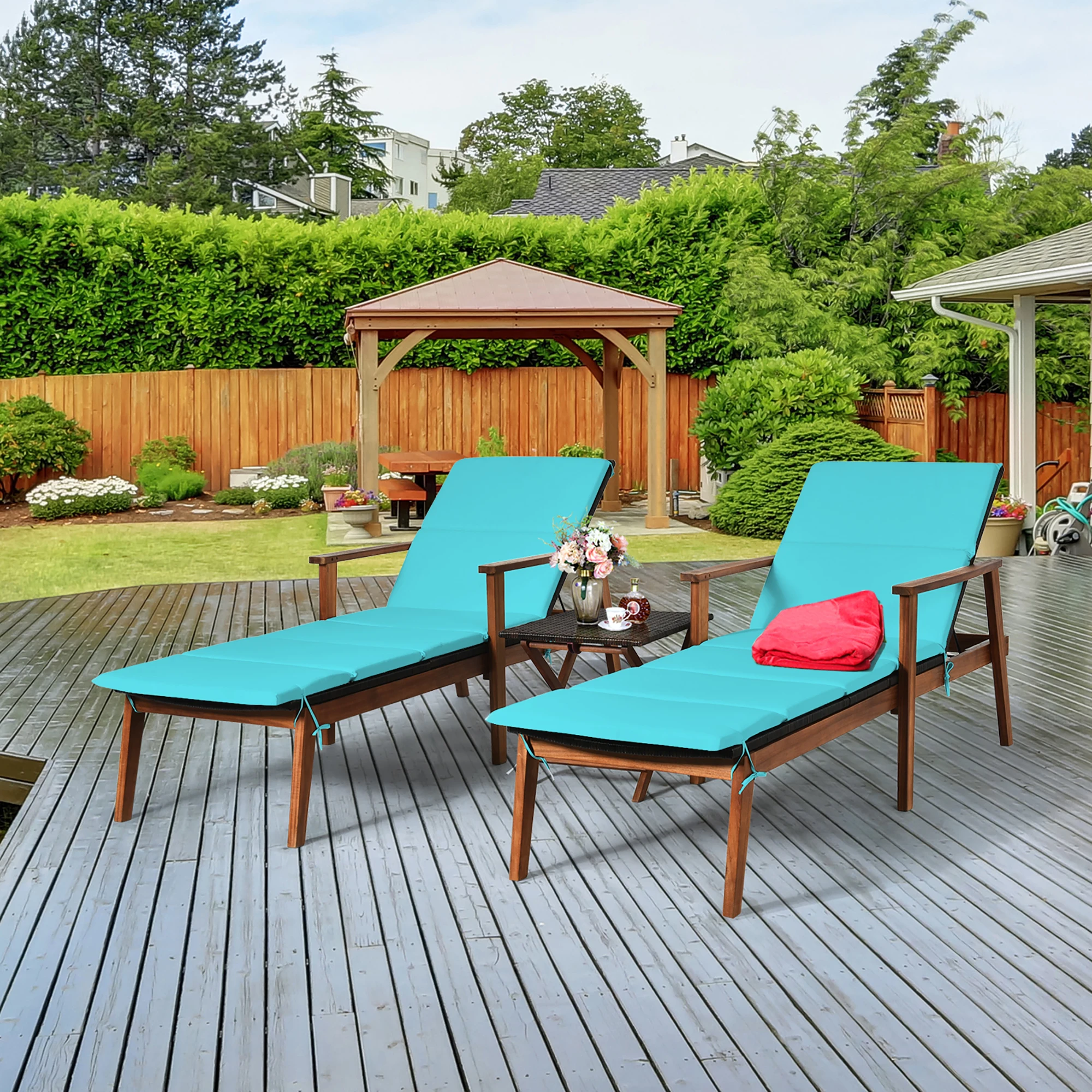 3PCS Patio Rattan Lounge Chair Folding Table Set Chaise Wood Cushioned Turquoise