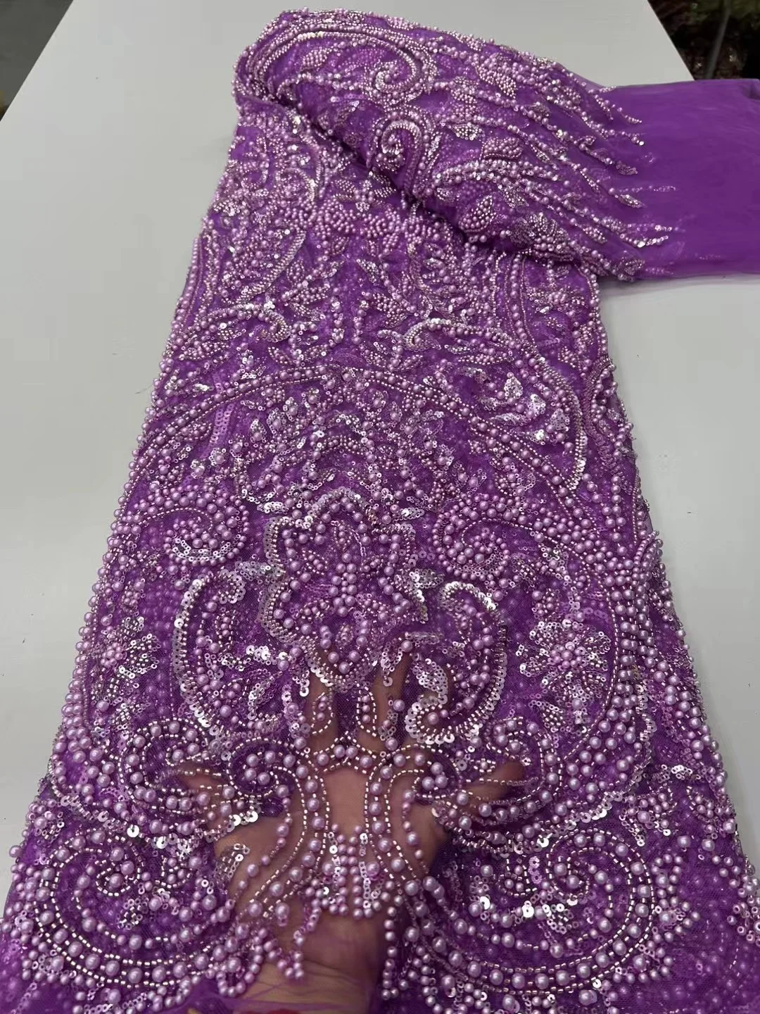 

2025 France High-End Luxury Elegant Purple Handmade Beaded Lace Fabric Nigerian With Sequins Mesh Lace Fabric For Wedding Dress