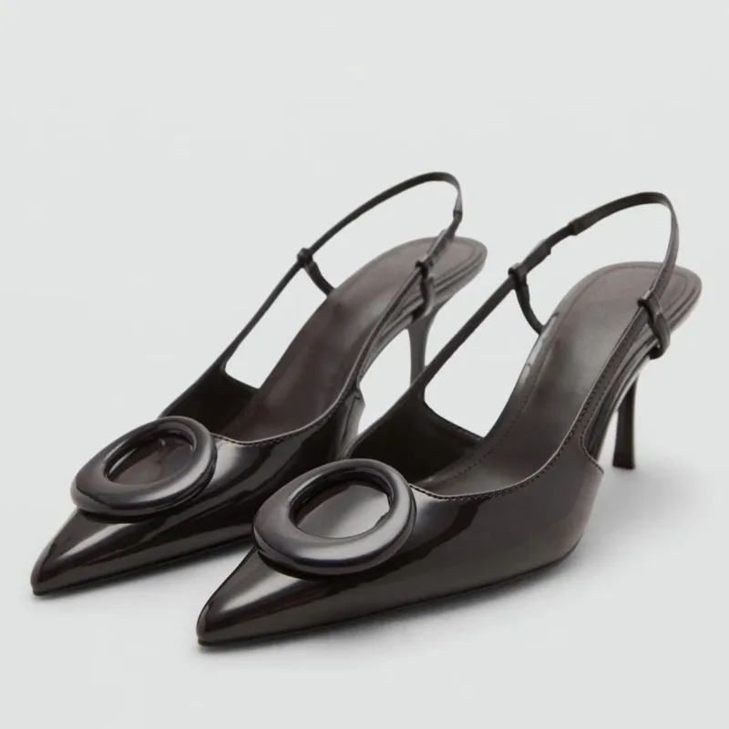 

Sexy Patent Leather Stiletto High Heels Women Fashion Round Clasp Design Pointed Toe Heeled Sandals Elegant Party Designer Shoes