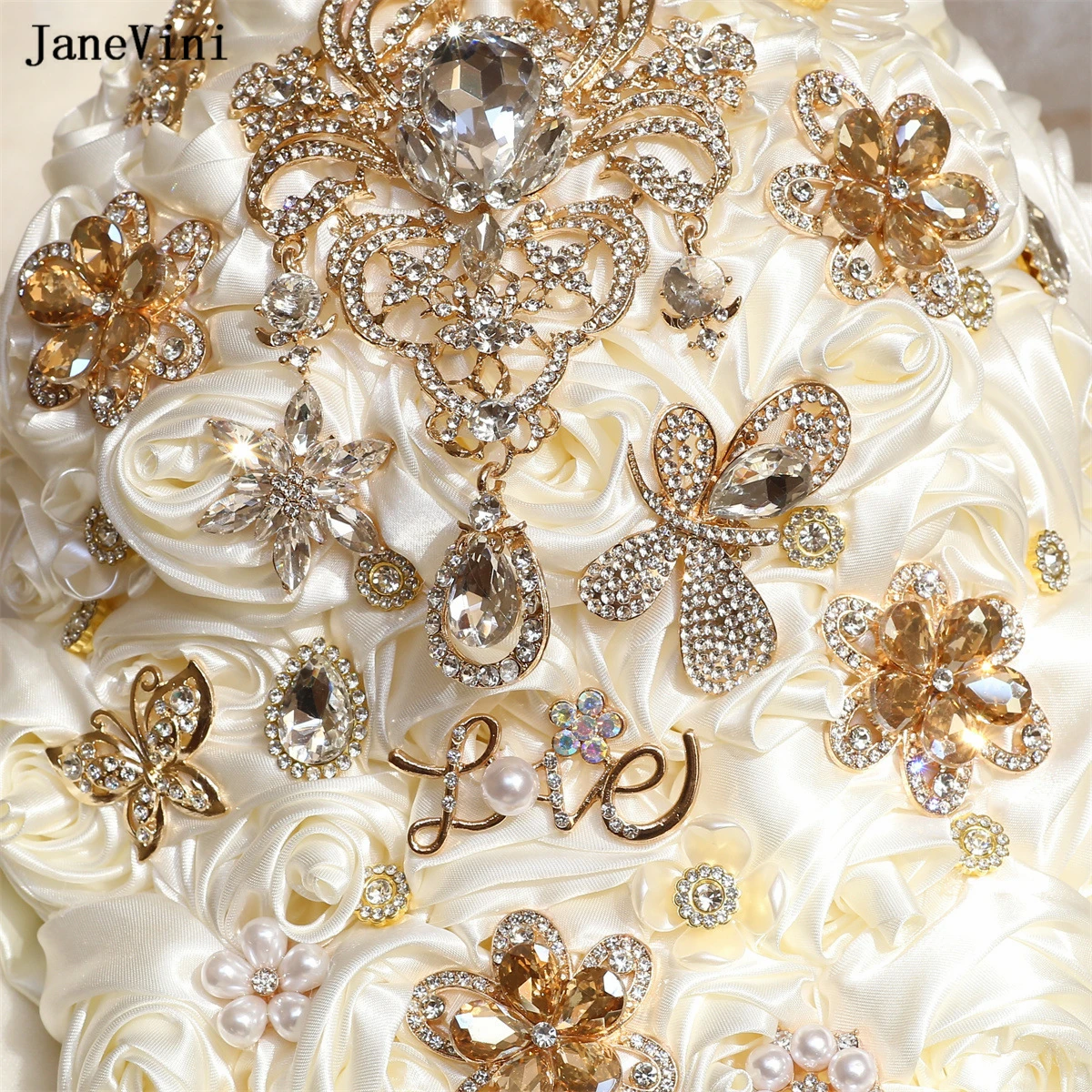 JaneVini Luxury Gold Crystal Ivory Cascading Flowers Waterfall Bridal Bouquets Artificial Satin Rose Bouquet Wedding Accessories