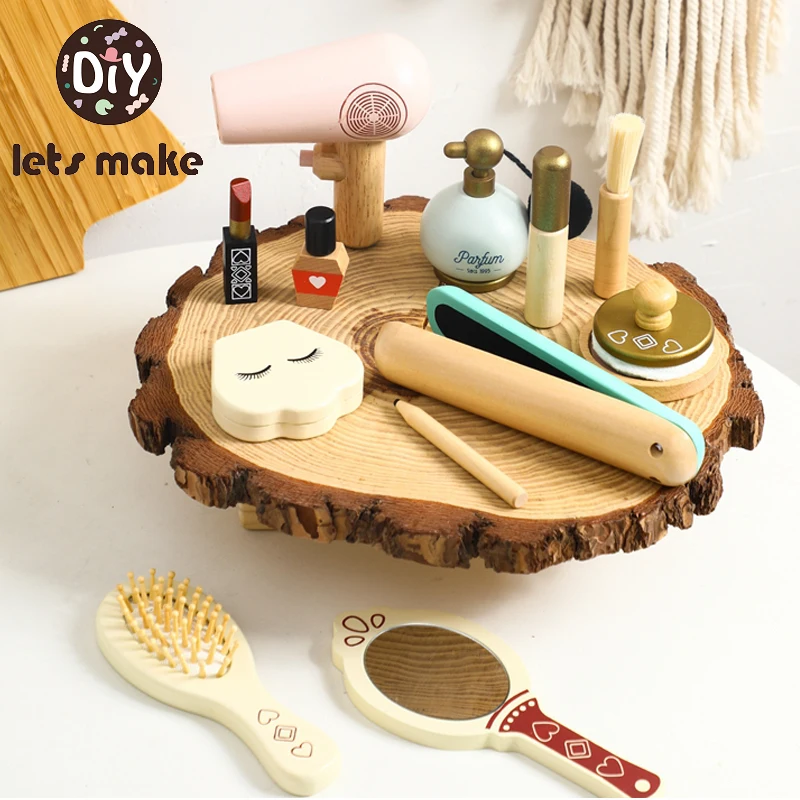 Girls Makeup Set Wooden Girls Makeup Kit Role Play Hair Comb Brush Mirror Mascara Gifts Toy Makeup Set with Cosmetic Bag Girls