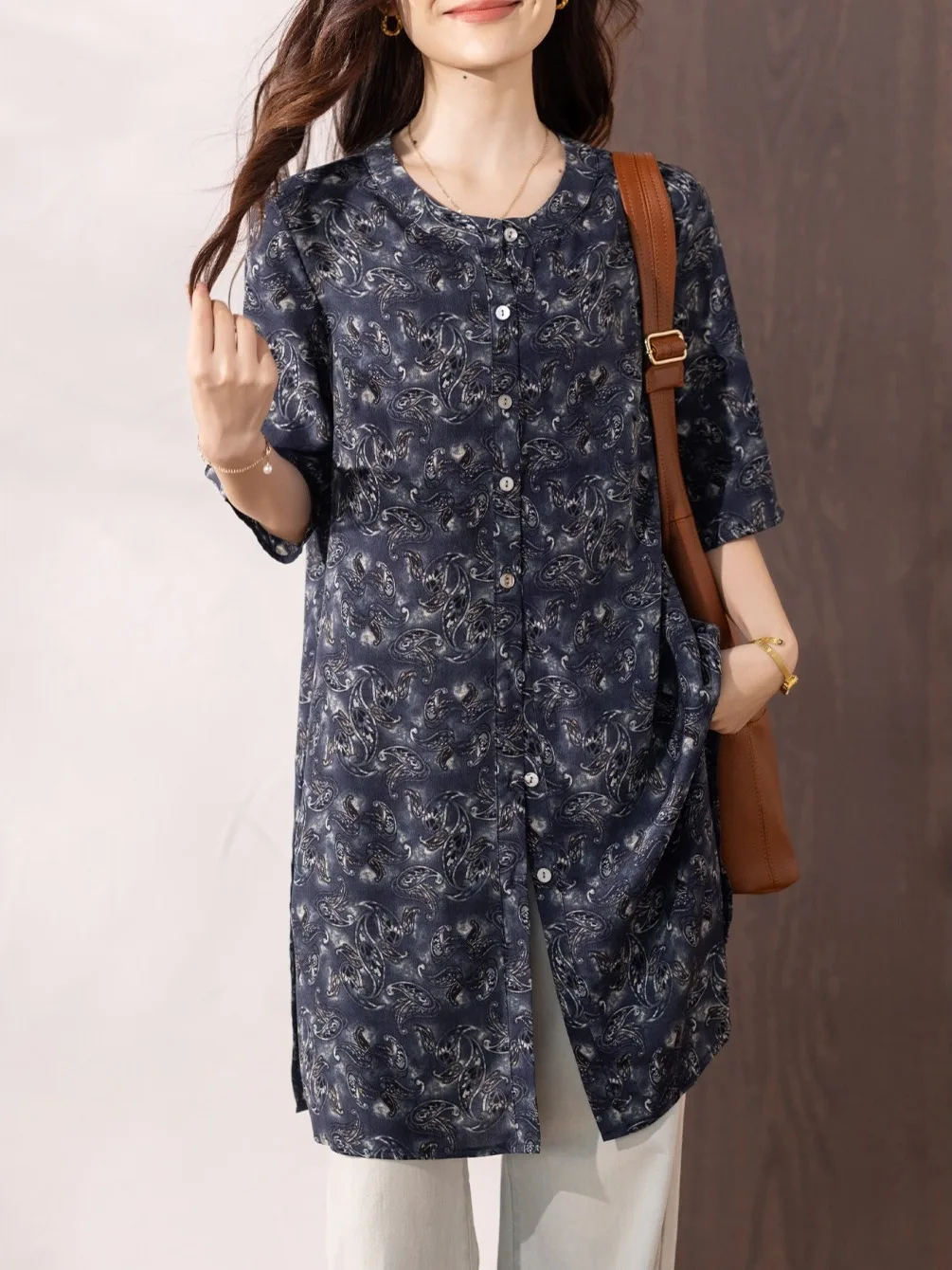 

Summer 2025 New Faion Loose Women's Chiffon irt Printed Slimming Cover-Up Large Size Trendy Top round Ne Five-Sve