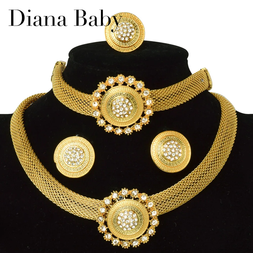 

Luxury Crystal Zircon Dubai Gold Color Jewelry Set Bridal Wedding Party Jewellery Necklace Earrings Bracelet Ring 4pcs Set