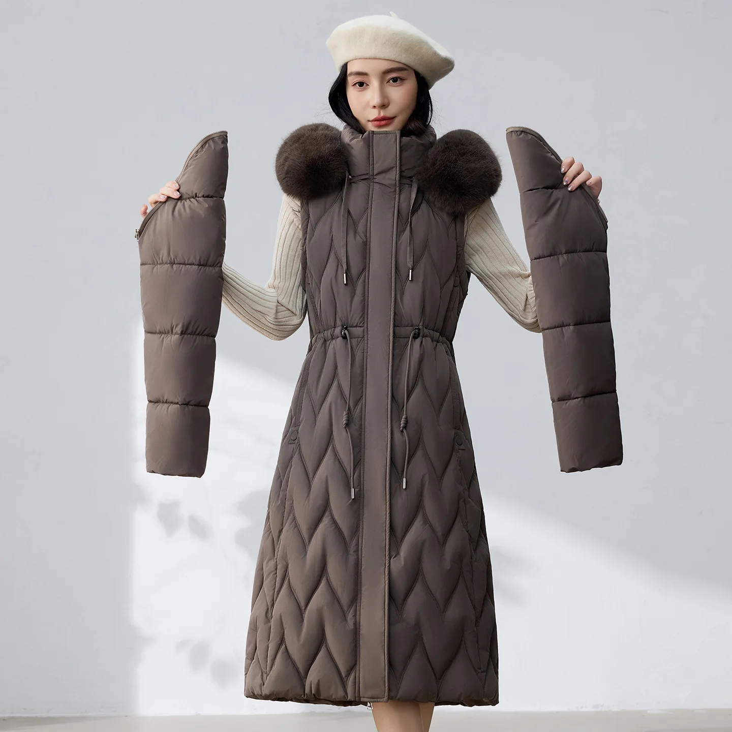 Women's Long Cotton Coat Autumn Winter Casual WarmDetachable Sleeves Mid-length Fur Collar Jacket Thickened Hooded Outwear