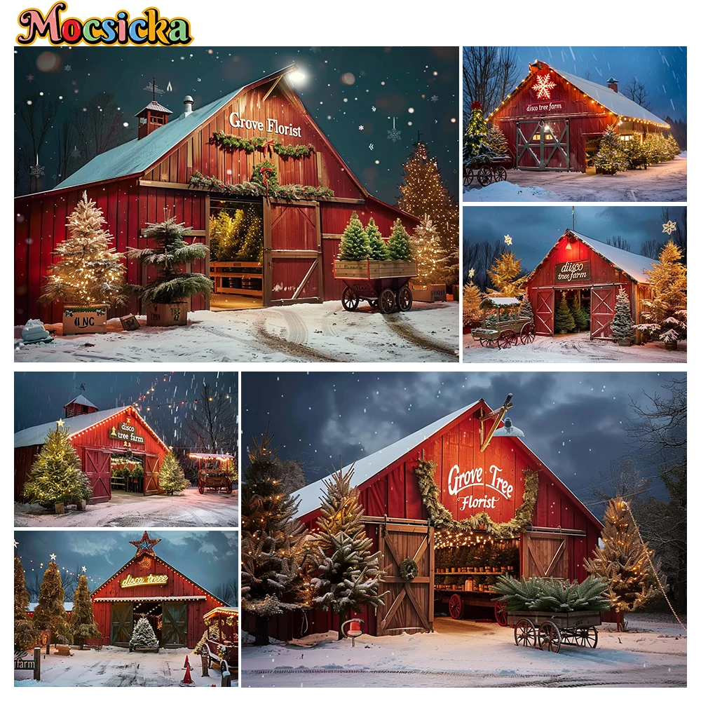 

Mocsicka Winter Christmas Photography Background Red Barn Xmas Tree Holiday Party Family Portrait Photo Backdrops Studio