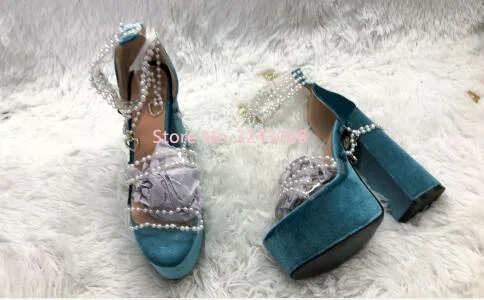 Pink Blue Color Pearl String Bead Platform Sandals Fashion Lady Chunky Heel Large Size High Heel Sandals Woman Banquet Shoes