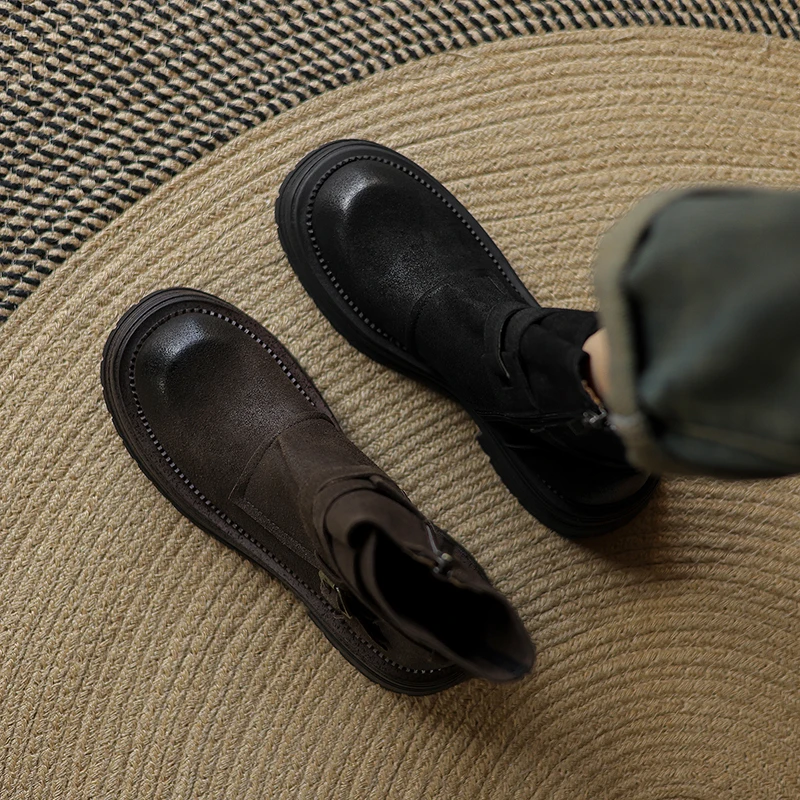 

2026 новые осенне-зимние женские ботильоны из натуральной кожи высотой 22-25 см, короткие ботинки из матовой воловьей кожи с пряжкой на толстом каблуке с боковой молнией