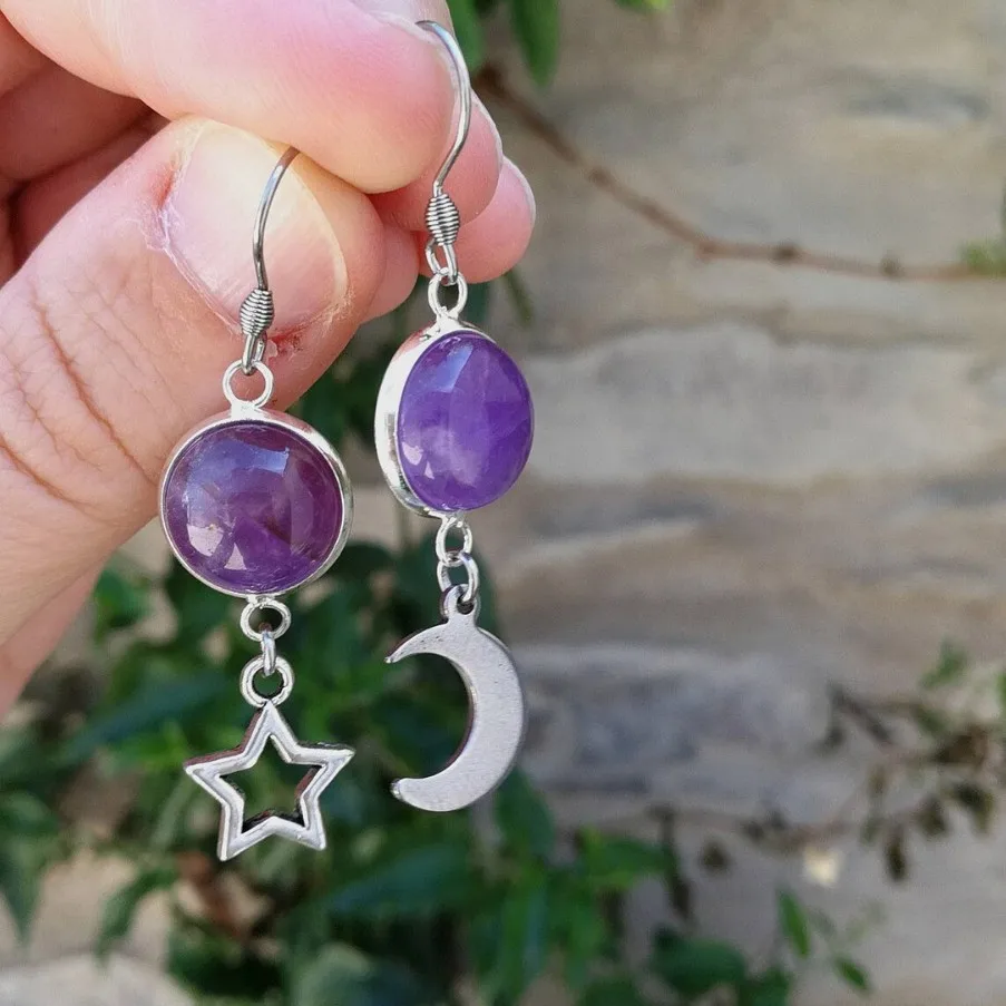 

Star Moon Earring,Punk Jewelry,Purple Crystal,Magic,Hollow Pentagram,Mysterious,Gothic accessories,Ear Hook For Women Girls