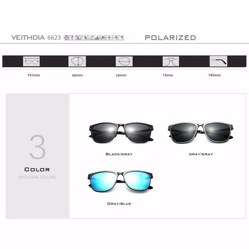 VEITHDIA Brand Designer Men\'s Sun Glasses Vintage Sports Women Sunglasses Polarized UV400 Lens Male Eyewear For Female V06623