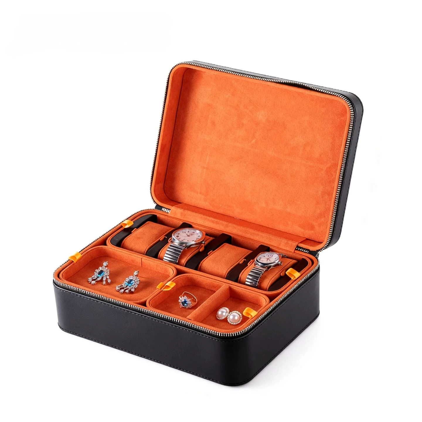 Multifunctional zipper compartment watch bracelet jewelry box portable PU leather storage box travel watch bag