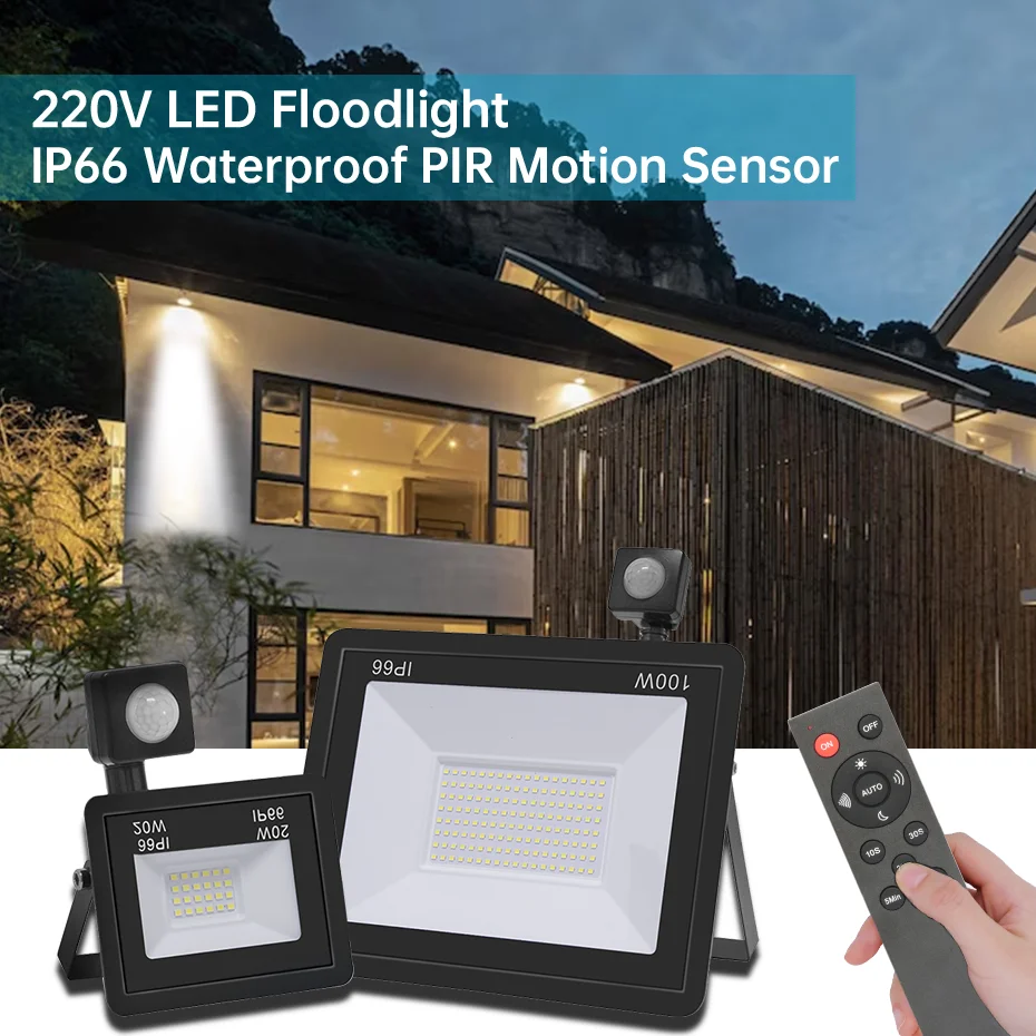 PIR Motion Sensor LED Floodlight 10W 20W 30W 50W 100W IP66 Waterproof AC220V Outdoor Reflector Spotlight 6000K with IR Remote