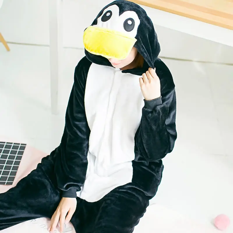 Adult Penguin Pajamas One Piece Kids Halloween Christmas Cosplay Costume Flannel Warm Animal Homewear Sleepwear for Women Men