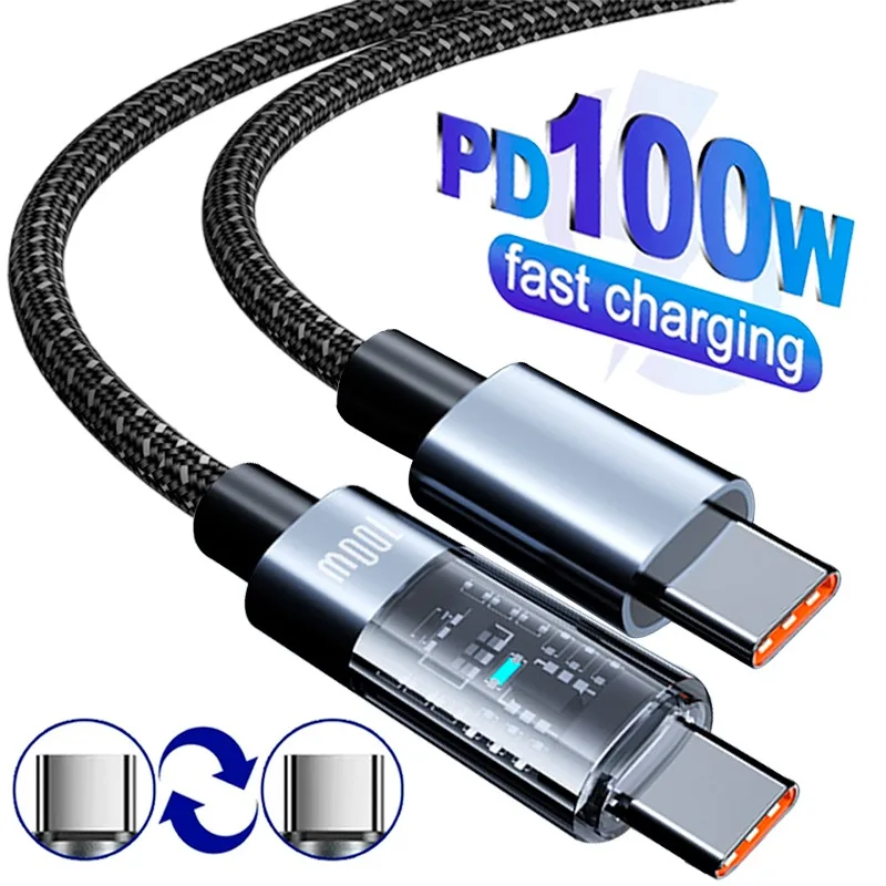 USB C To Type C Charger Cables PD 100W High-speed Quick Charging Nylon Cord With Light Dual Type-C Data Cable for Samsung Xiaomi