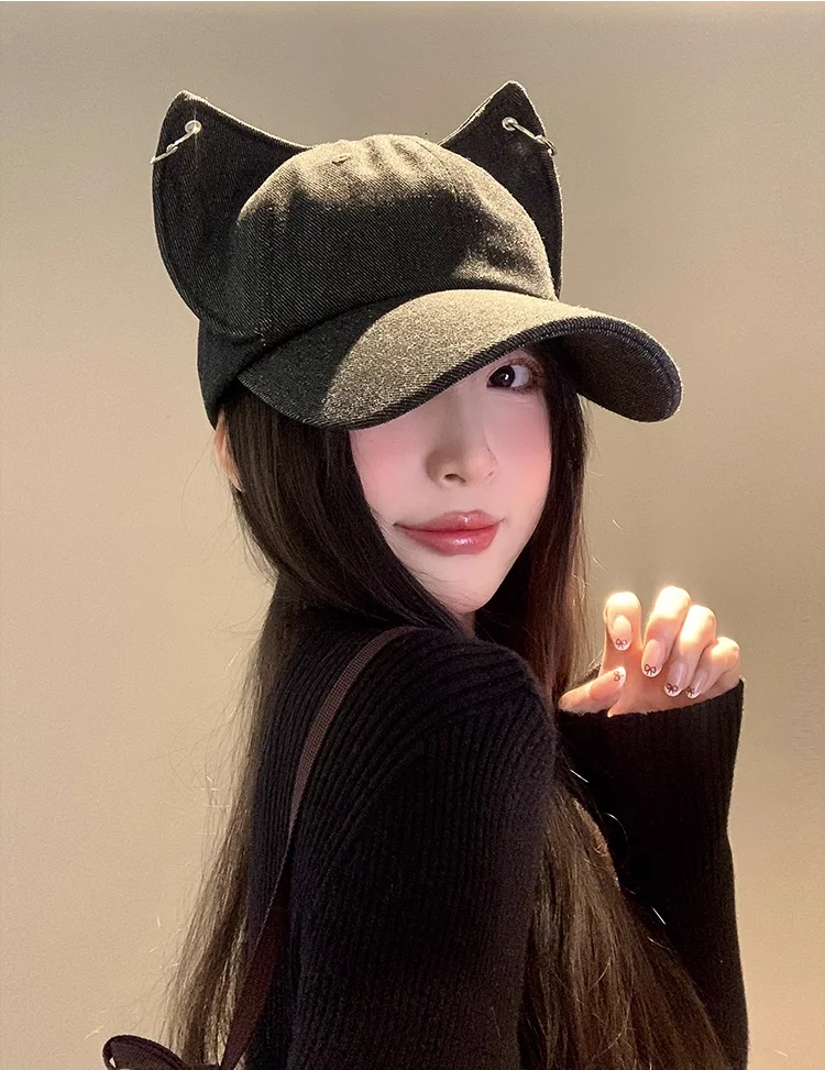 

2025 Fashion Personalized Iron Hoop Punk Style Fox Ears Denim Baseball Cap Women Girls Hiphop Cosplay Snapback Hats