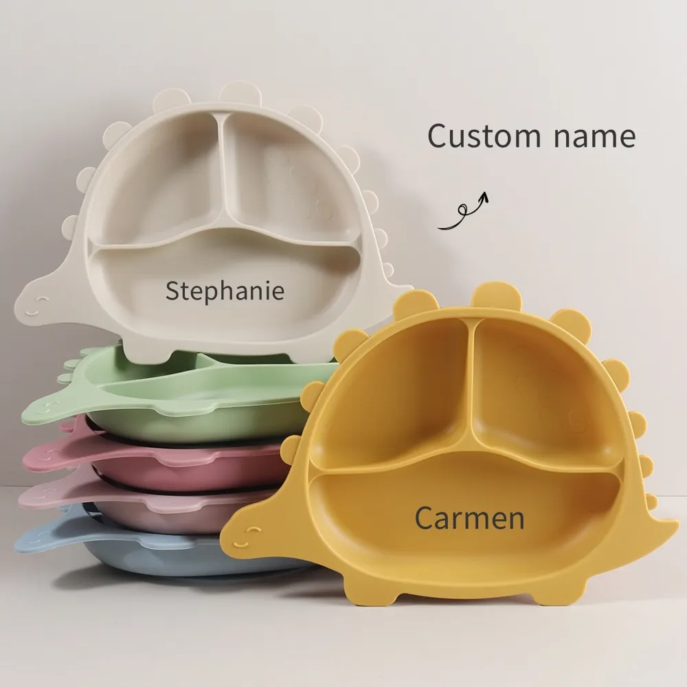 

Custom baby Dinasour shape plate Engraved Silicone Feeding Tray | Strong Suction Base for Kids cartoon dino plate