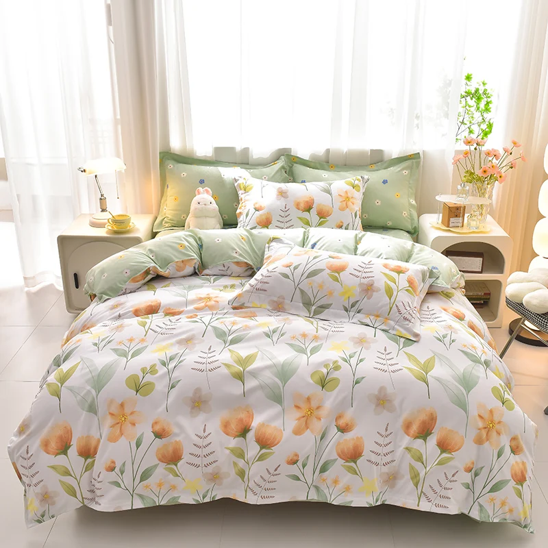 4Pcs Orange Floral Bedding Set Soft Microfiber Duvet Cover Bed Sheets Pillowcases Tulip Print Pastoral Home Bedroom Decor