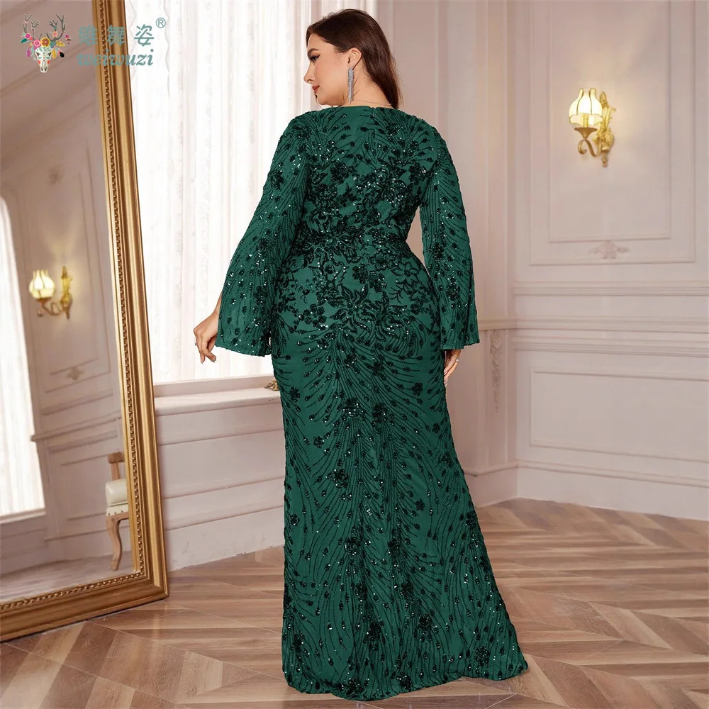 Outono vestidos de noite de luxo fenda manga longa plus size emagrecimento temperamento lantejoulas bordado cauda peixe saia vestido de noite