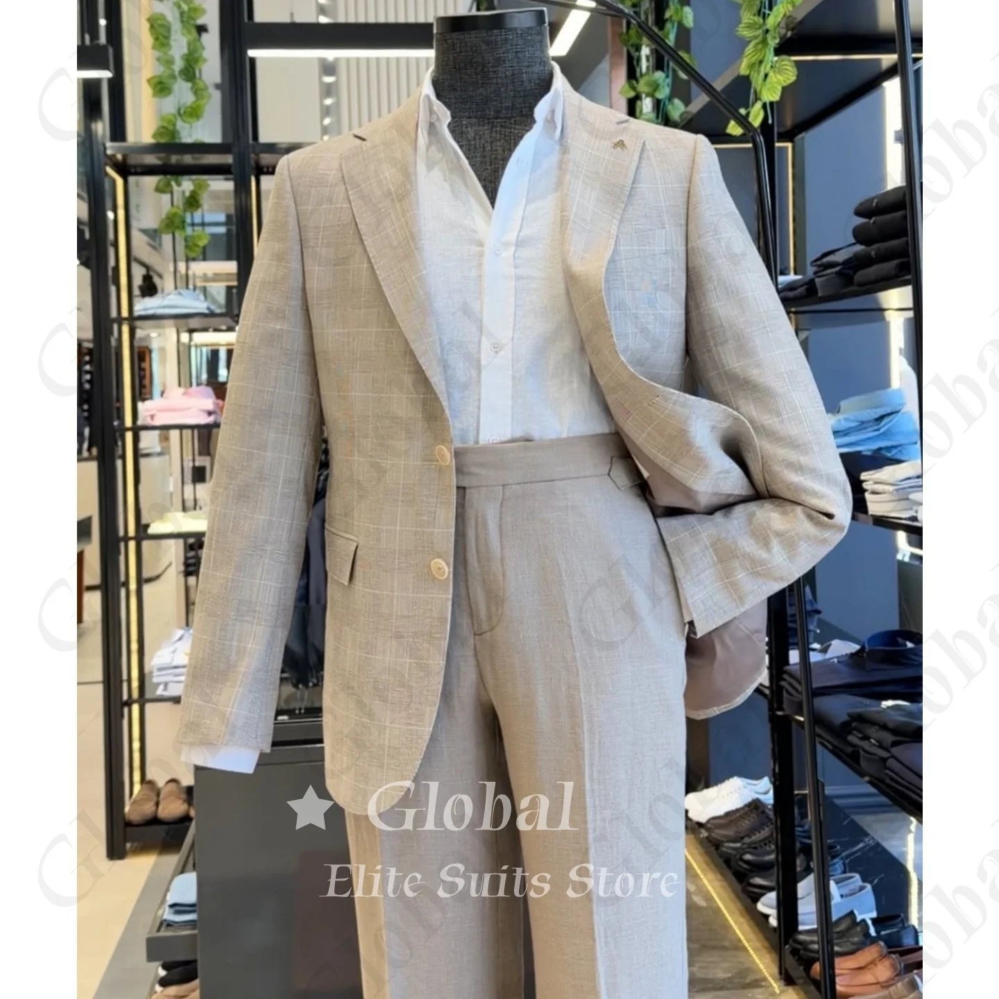 Old Money 2 Pieces Men Suit Slim Fit Khaki Windowpane Check Notch Lapel Casual Blazer Trousers Wedding Tuxedo Customized