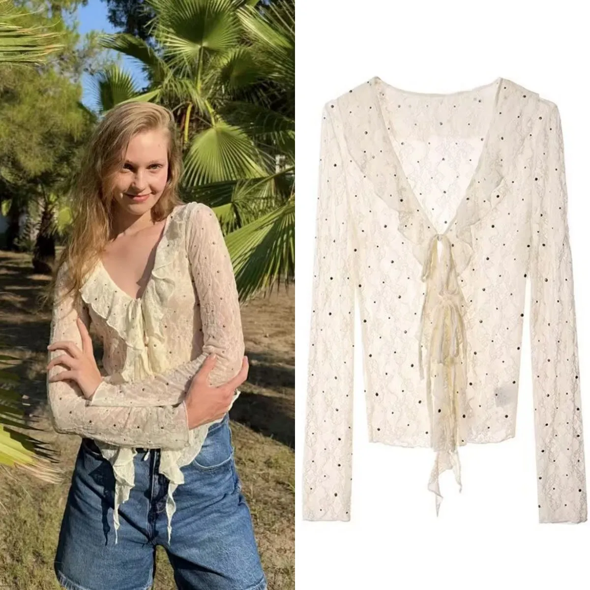 

LIBIELIY Women's New Collection Y2K Fashion Rivet Decoration Elegant And Sexy See-through Lace Long-sleeved T-shirt Top