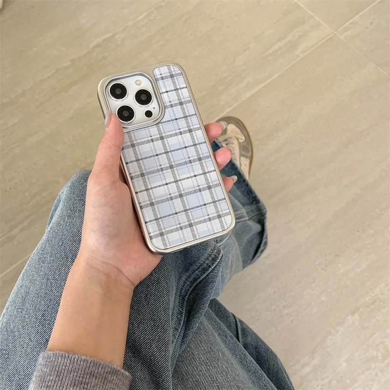 

Korean Drop Glue Pink Blue Grid Pattern Plating Silver Border Phone Case for iPhone 16 15 14 13 Pro Max Shockproof Cover