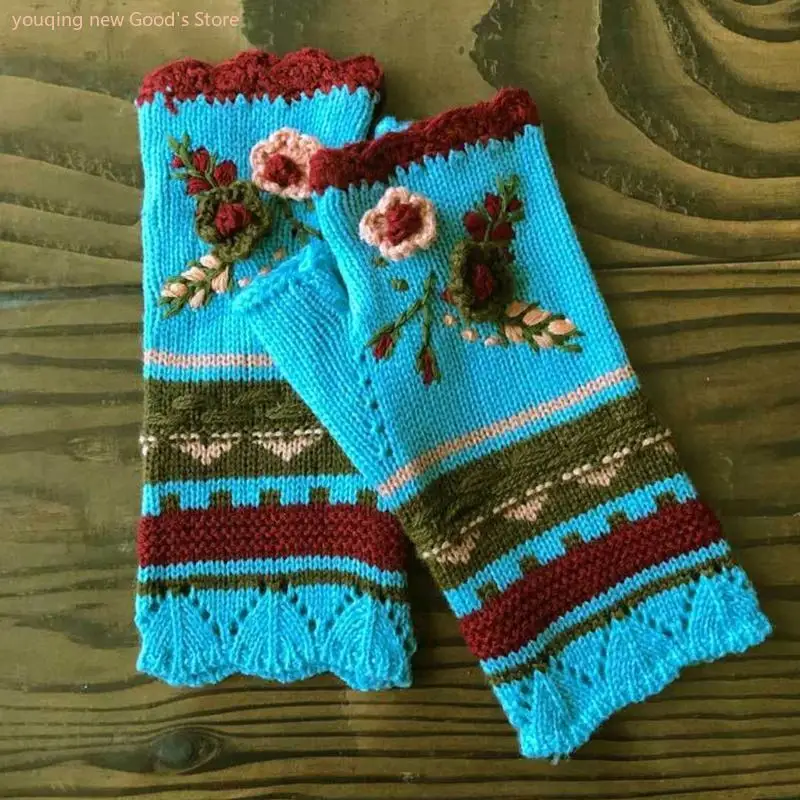 

49ME Women Winter Knit Fingerless Gloves Multicolor Crochet Floral Thumbhole Mittens