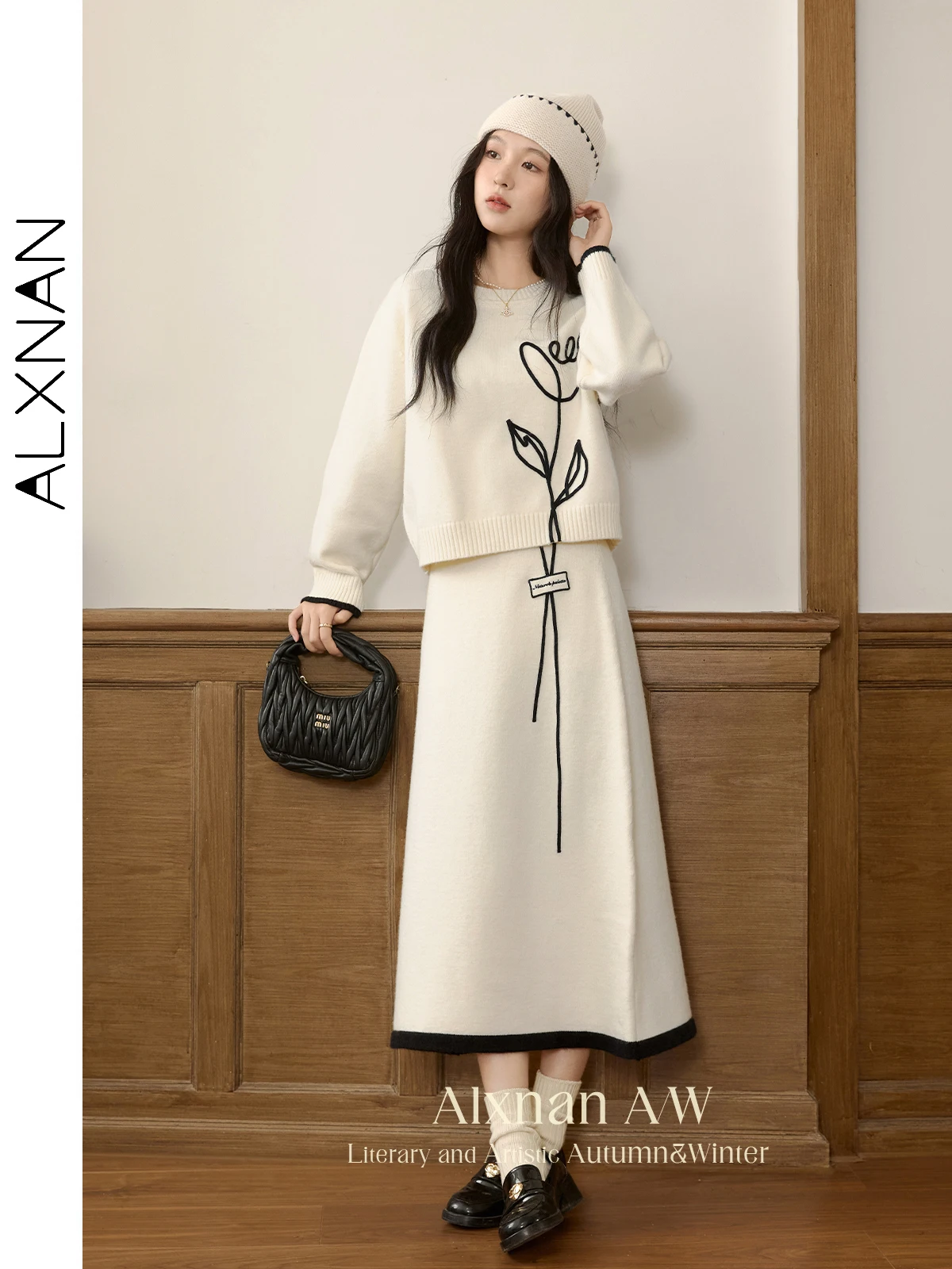 

ALXNAN Women's Skirts Fashion Flower Embroidery High-waist Knitted Skirt 2025 Autumn Winter Warm Office Lady Bottoms L50912BSQ