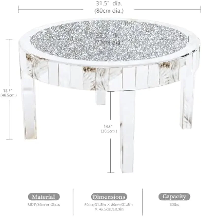 Round Mirrored Coffee Table: 31.5 inches Large Decorative Bling Crushed Diamond Tabletop with Silver Mirror Crystal Edge Frame