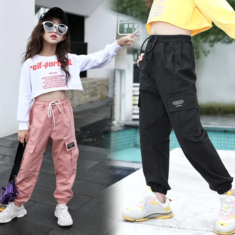 2026 New Cowgirl Cargo Pants Spring Autumn Solid Color Kids Cotton Trousers Teenage Clothing Elastic Waist Teens Sweatpants