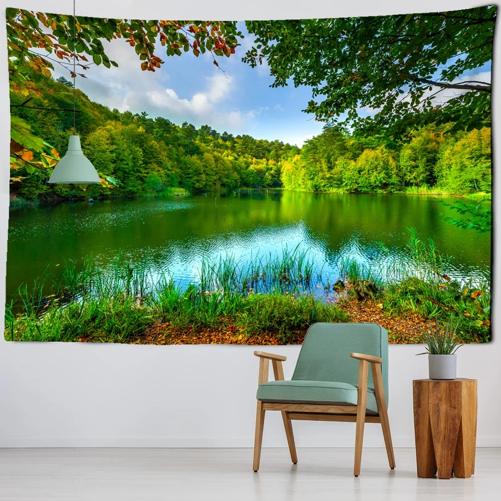 Mountain Water Landscape Tapestry 3D Print Green Plant Tree Natural Scenery Wall Hanging Home Living Room Dorm Bedroom Decor