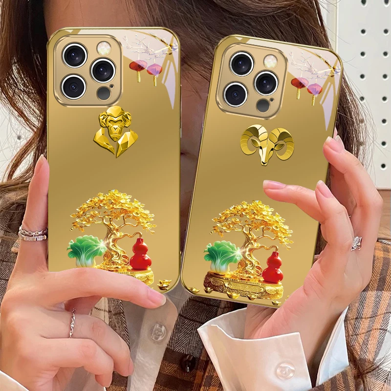 

Lucky Door Golden Gourd For IPhone 16 17Pro Max 15 P ro 14 13 Plus 12 Mini 11Pro Max X Max XR 16E 17 Air Golden glass phone case