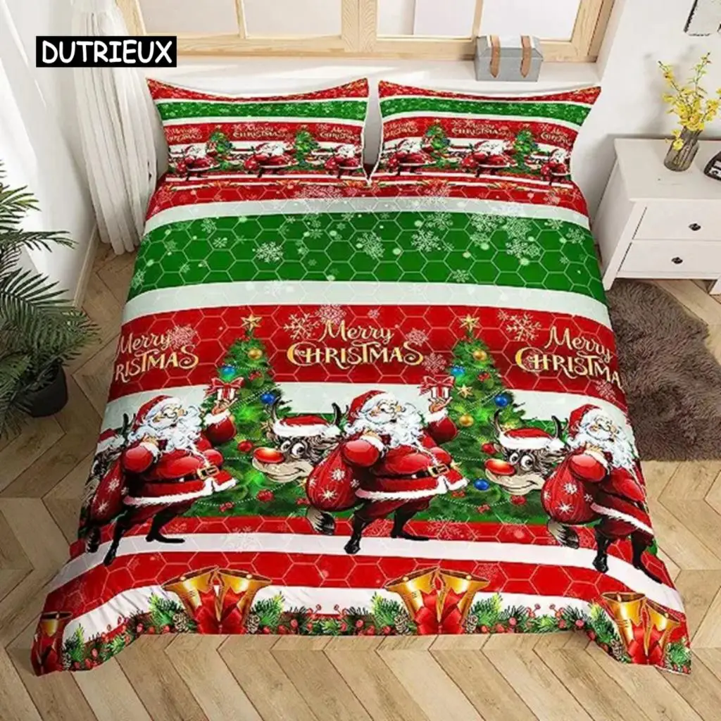 Santa Claus Duvet Cover Christmas Theme Merry Christmas Bedding Set Kids Boys Girls Luxury Snowflakes Red Green Xmas Room Decor