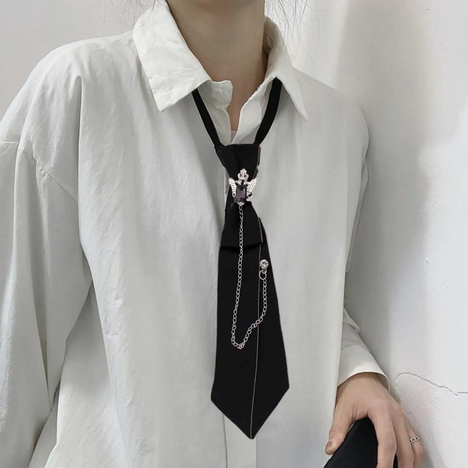 Gothic Tie For Women Chain Punk Necktie Rhinestone Black Punk Uniform Pre-Tied Bow Ties Women's Neck Tie Goth Ties Old Money