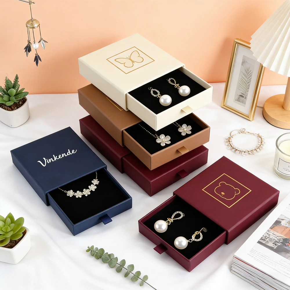 

100Pcs Custom Paper Drawer Box Jewelry Packaging Boxes Gold Stamping Slide Out Storage Boxes Bracelet Necklace Earrings Rings