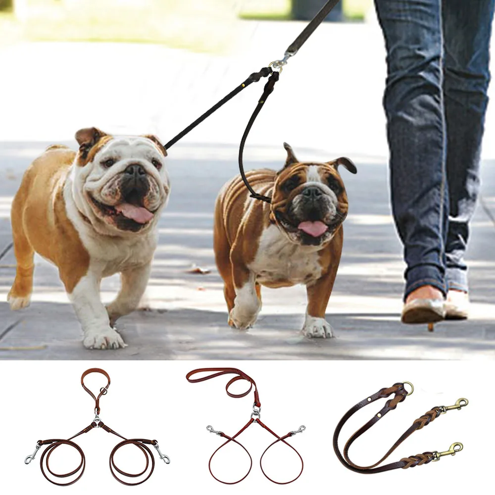 

Pet Coupler Leash Real Leather 2 Head Dog Walking Lead Leash NoTangle Double Leash Strong For 2 Dogs With Handle