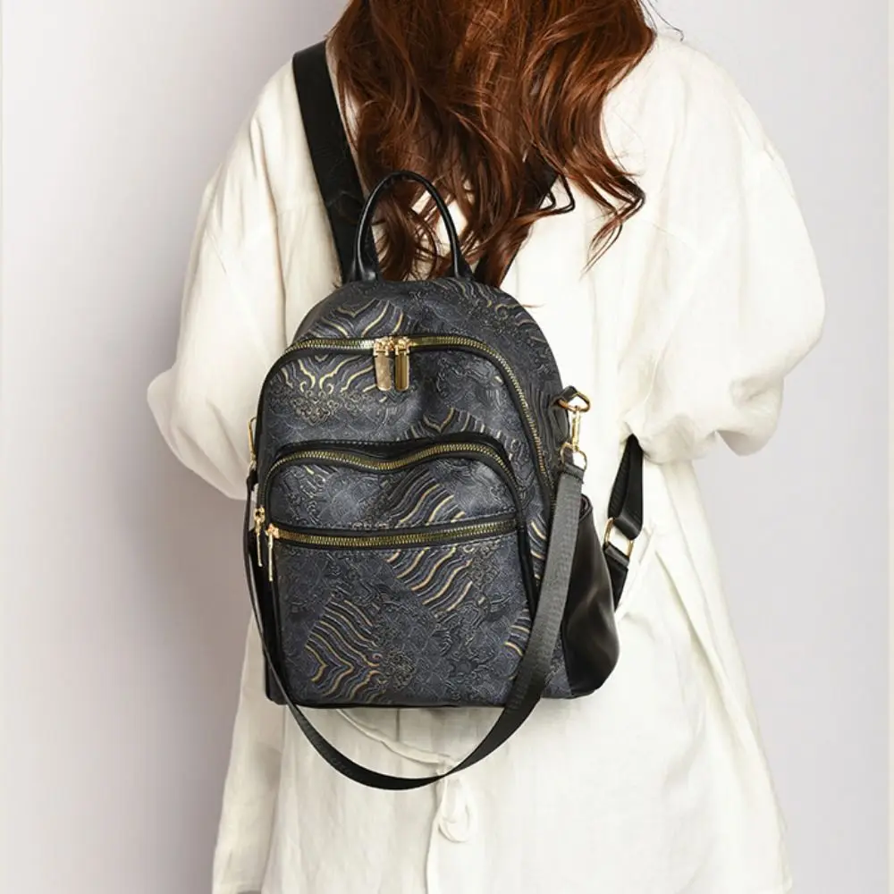 Large Capacity Women Casual Backpack Pu Top Handle Ethnic Style Shoulder Bag All-match Embroidery Printed Mini Travel Backpack