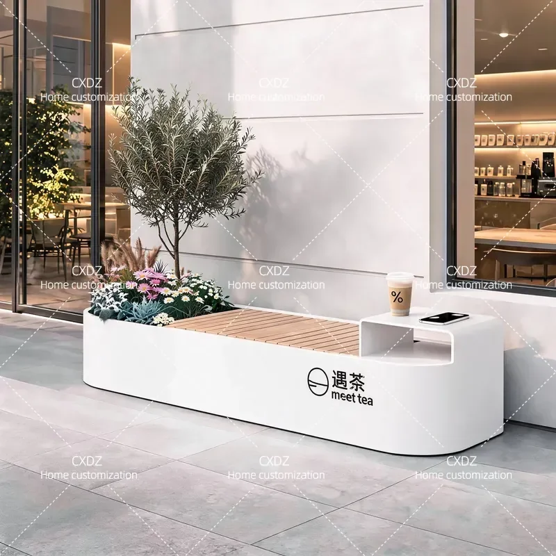 Stainless Steel Galvanized Wrought Iron Outdoor Planter Box with Table Seat Custom Flower Pot for Milk Tea Shop Store Green