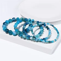 4 6 8 10 MM Blue Striped Agates Beads Bracelets For Women Men Stretch Bracelet Healing Reiki Stone Bangles Yoga Energy Femme