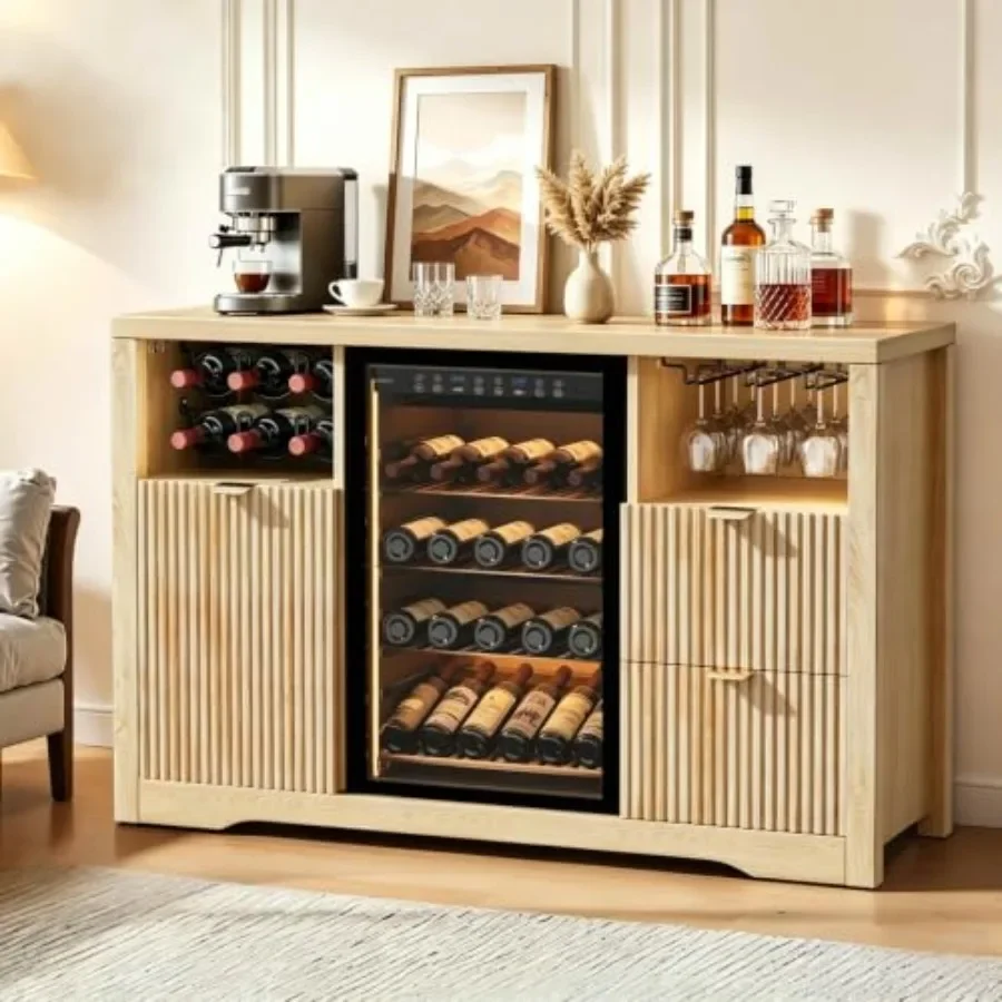 Coffee bar cabinet with fridge space, 53 wine cabinets with storage drawer, wood veneer, matte black, integrated cooling and mo