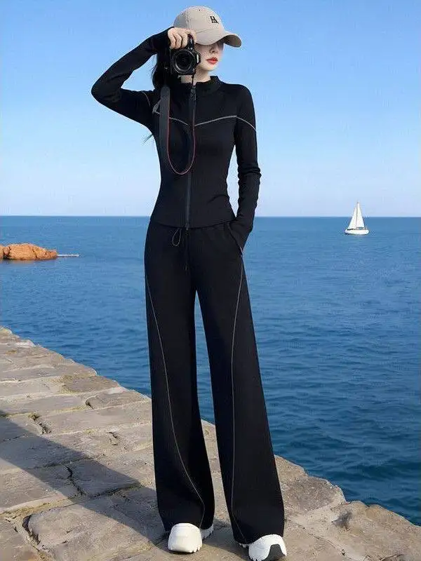 

Casual Sportswear Set for Women Spring 2026 New Style Elegant Slim Fit Zipper Collar Sweatshirt Running Suit Two Piece Trendy