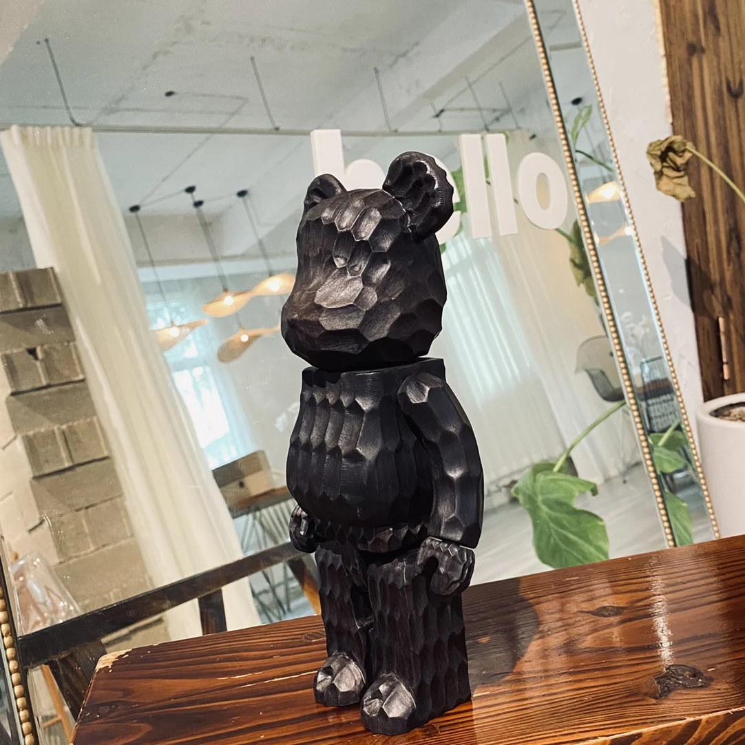 Bearbrick 400% Karimoku x Fragment (Carved Wooden) Black 28cm Ebony Wooden Wave Bear Art Collection Doll Figure