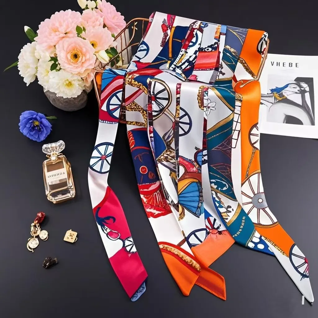 جديد طباعة زهرة وشاح صغير للنساء مقبض حقيبة أشرطة العلامة التجارية موضة وشاح الرأس صغير طويل نحيل الأوشحة بالجملة رباطات #4